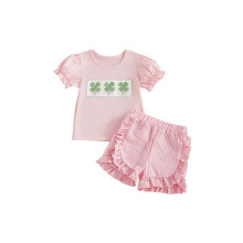 (2-3 Years, Pink) Conjunto de verão para bebê menina com 2 peças: blusa de manga curta bordada com trevo + shorts. Roupa infantil.