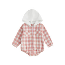 (12-18 Months, Pink) Tutina primaverile per neonato con cappuccio, stampa a quadri, maniche lunghe, cerniera e due tasche.
