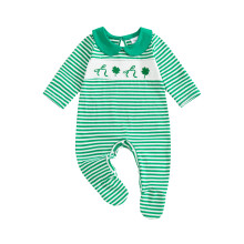 (3-6 Months, Green) Kombinezon niemowlęcy w paski i kropki, modny, haftowany koniczynką, kołnierzyk dla lalki, długi rękaw