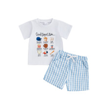 (4-5 Years, Blue) Jungen-Shorts-Set, Kurzarm-T-Shirt mit Buchstabenprint und karierter Shorts, Sommer-Outfit für Kleinkinder