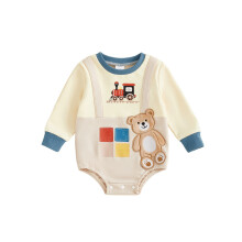 (6-12 Months, Beige) Tutina neonato maschio maniche lunghe, scollo rotondo, stampa treno, orsetto ricamato, graziosa tuta autunnale