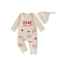 (0-3 Months, Apricot) Tutina per neonato per San Valentino con ricamo a cuore e lettere, maniche lunghe, scollo rotondo e cappellino.