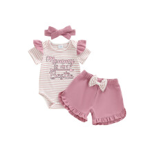 (6-9 Months, Pink) Bebeluși fete vară 3 piese set scrisoare dungi scurt guler rotund Romper pantaloni scurți volane