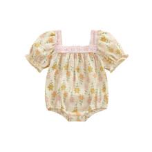 (0-3 Months, Apricot) Sommer-Strampler für Babys und Mädchen mit Blumenmuster, kurzen Puffärmeln, Spitzenbesatz und eckigem Ausschnitt
