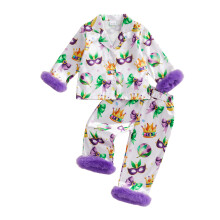 (2-3 Years, Lavender) Mardi-Gras-Pyjama-Set für Kleinkinder, mit langärmligem Oberteil und Hose mit Pelzbesatz.