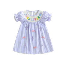 (2-3 Years, Purple) Vestido listrado infantil com laço, letras bordadas, manga bufante, corte A, ideal para verão e primavera.