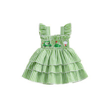 (12-18 Months, Green) Vestito da bambina con stampa a quadri ricamati, volant a strati e maniche a sbuffo. Abito a trapezio.