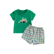 (18-24 Months, Green) Zomerset voor peuterjongens: T-shirt met korte mouwen en graafmachine-borduurwerk, geruite korte broek, 2-delige outfit