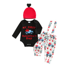 (12-18 Months, Black) Completo neonato San Valentino: tutina maniche lunghe con stampa lettere, pantaloni bretelle e cappellino a cuori.