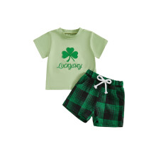 (2-3 Years, Green) Frühlingsoutfit für Kleinkinder: Kleeblatt-T-Shirt und karierte Shorts, 2-teiliges Set