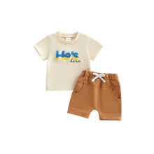 (3-4 Years, Beige) Shorts-Set für Jungen, Kurzarm-T-Shirt mit Stickerei und elastischer Bund, Sommer-Outfit für Kleinkinder