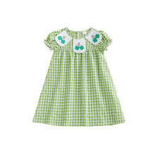 (3-4 Years, Green) Vestito a quadri irlandesi per bambina, grazioso e alla moda con ricamo a trifoglio e maniche corte a sbuffo.