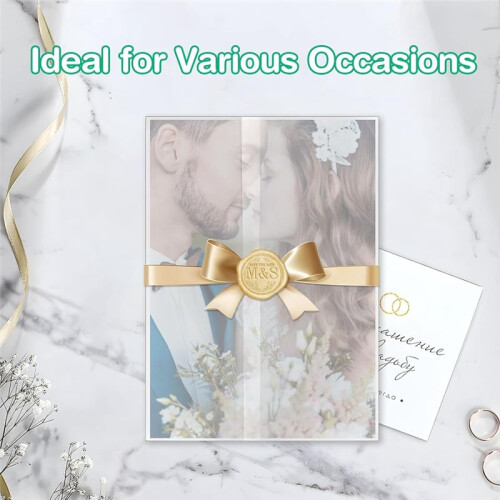 Wedding Invitations Wraps Set Include 100Pc Pre Folded Vellum Jackets for 5X7,Gold Self Adhesive Envelope Seal Stickers 1