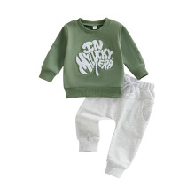 (6-12 Months, Army Green) Kisgyermek fiú jelmez: hosszú ujjú pulóver lóhere mintával és egyszínű nadrág, kétrészes tavaszi szett