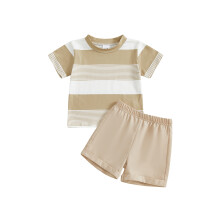 (18-24 Months, Khaki) Fiú nyári szett, csíkos póló, rövid ujjú, kerek nyakú, egyszínű rövidnadrág, kétrészes szett