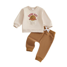 (0-6 Months, Apricot) Herbstoutfit für Jungen: Langarm-Sweatshirt mit Basketballstickerei und Hose (Set) – Kleinkinderkleidung