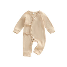 (9-12 Months, Beige) Baby Boys Girls Ribbed Romper Stylish Solid Color V Neck Long Sleeve Newborn Jumpsuit for All Seasons