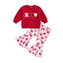 (3-4 Years, Red) Valentijnsoutfit voor peutermeisjes: trui met lange mouwen en flared broek met hartjesprint (2-delige set)