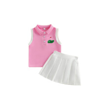 (18-24 Months, Pink) Tyttöjen kaksiosainen golf-aiheinen asu, jossa kirjonta, hihaton kaulus ja laskostettu hame.