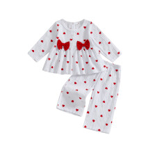 (3-4 Years, White) Valentijnsoutfit voor peutermeisjes: top met hartjesprint en lange broek (2-delige set)