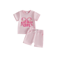 (6-12 Months, Pink) Zomeroutfit voor peutermeisjes: T-shirt met korte mouwen en strikprint, met shortje.