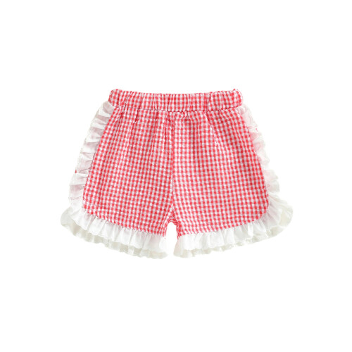 (18-24 Months, Red) Θερινά σορτς για μωρά με ελαστική μέση και βολάν, καρό σχέδιο