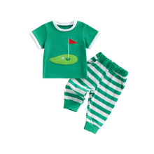 (6-12 Months, Green) Ținută de vară pentru bebeluși, 2 piese, tricou scurt, brodat, pantaloni dungi