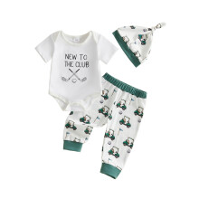 (12-18 Months, White) Babyjongens golfoutfit met letterprint: romper met korte mouwen, broekje en petje, 3-delige zomerset