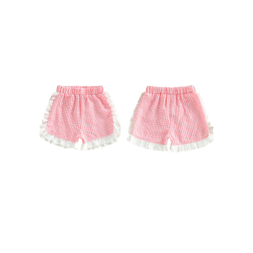 (2-3 Years, Pink) Θερινά σορτς για μωρά με ελαστική μέση και βολάν, καρό σχέδιο 1