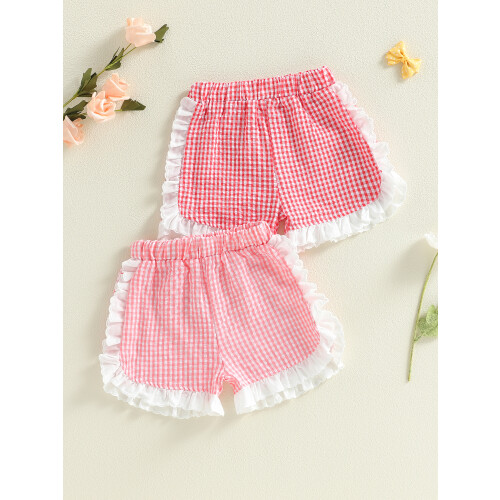 (12-18 Months, Pink) Θερινά σορτς για μωρά με ελαστική μέση και βολάν, καρό σχέδιο 2