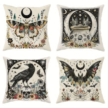 Halloween Throw Pillow Covers 18x18 Inch Contemporary Gothic Decorative Pillowcases with Moth, Bat, Crow, Skull Designs