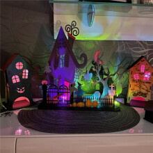 Kit de Centro de Mesa de Madeira para Halloween com Placa de Bruxa e Casa Mal-Assombrada para Festa em Casa e Decoração de Hotel