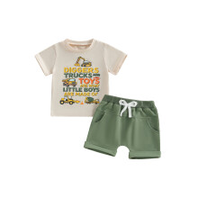 (6-12 Months, Army Green) Ensembles d'été garçons : shorts, t-shirts imprimés véhicules de chantier et shorts unis.