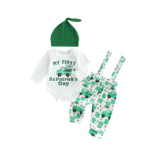 (9-12 Months, White) Ensemble 3 pièces bébé garçon : salopette manches longues avec imprimé camion et chapeau.