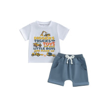 (2-3 Years, Blue) Ensembles d'été garçons : shorts, t-shirts imprimés véhicules de chantier et shorts unis.