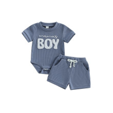 (6-12 Months, Blue) Ensemble 2 pièces pour bébé garçon : barboteuse à manches courtes et col rond brodée et short.