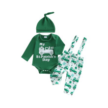 (6-9 Months, Green) Ensemble 3 pièces bébé garçon : salopette manches longues avec imprimé camion et chapeau.