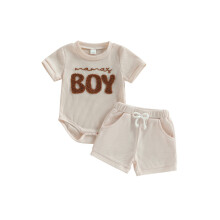 (12-18 Months, Beige) Ensemble 2 pièces pour bébé garçon : barboteuse à manches courtes et col rond brodée et short.