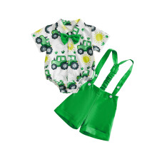 (12-18 Months, White) Ensemble d'été bébé garçon : barboteuse courte, col à revers, imprimé tracteur, boutons et short bretelles
