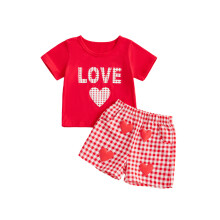 (3-4 Years, Red) Completo estivo per bambina: top a maniche corte e pantaloncini a quadri con scritta "Love", 2 pezzi.