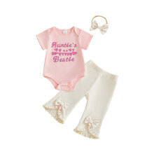 (6-9 Months, Pink) Vauvan tyttövauvan kesäasut, kirjainkuvioinen lyhythihainen body, levenevät housut ja rusettipanta, 3 kpl setti