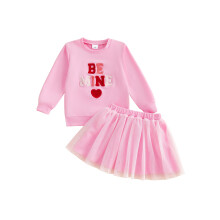 (5-6 Years, Pink) Valentinstag-Outfit für Mädchen: 2-tlg. Langarmshirt mit Rundhalsausschnitt und Tüllrock mit elastischem Bund
