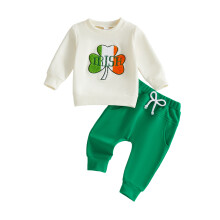 (3-6 Months, Khaki) Ensemble 2 pièces pour garçon : pull brodé de trèfles + pantalon uni élastique.