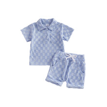 (18-24 Months, Blue) Completo per neonato/a a quadri, elegante, con maglietta a maniche corte con risvolto e pantaloncini, set di 2 pezzi.
