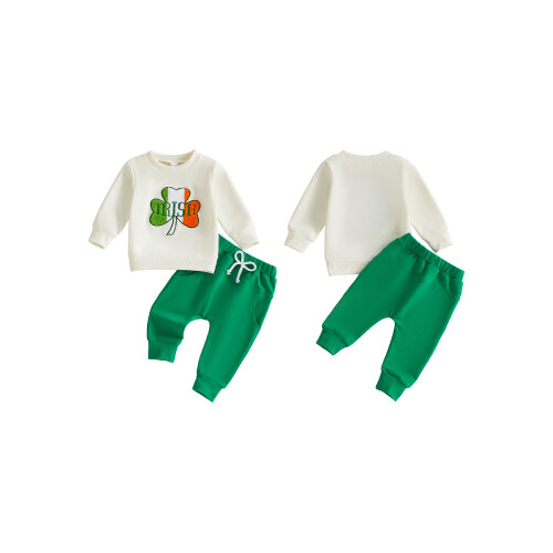 (6-12 Months, Khaki) Ensemble 2 pièces pour garçon : pull brodé de trèfles + pantalon uni élastique. 1