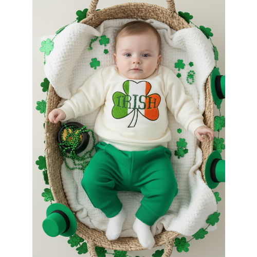 (6-12 Months, Khaki) Ensemble 2 pièces pour garçon : pull brodé de trèfles + pantalon uni élastique. 2
