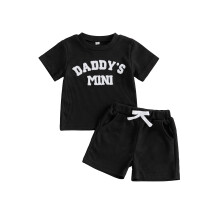 (18-24 Months, Black) Completo estivo neonato due pezzi: maglietta maniche corte con ricamo e pantaloncini waffle.