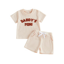 (6-12 Months, Khaki) Completo estivo neonato due pezzi: maglietta maniche corte con ricamo e pantaloncini waffle.