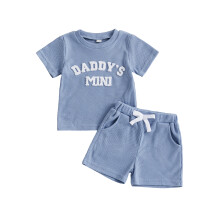 (12-18 Months, Blue) Completo estivo neonato due pezzi: maglietta maniche corte con ricamo e pantaloncini waffle.