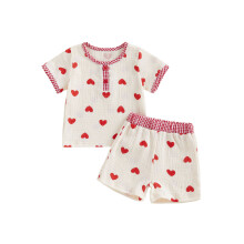 (2-3 Years, White) Completo da bambina: top a maniche corte con scollo rotondo, stampa a quadri, ricamo a cuore e pantaloncini.